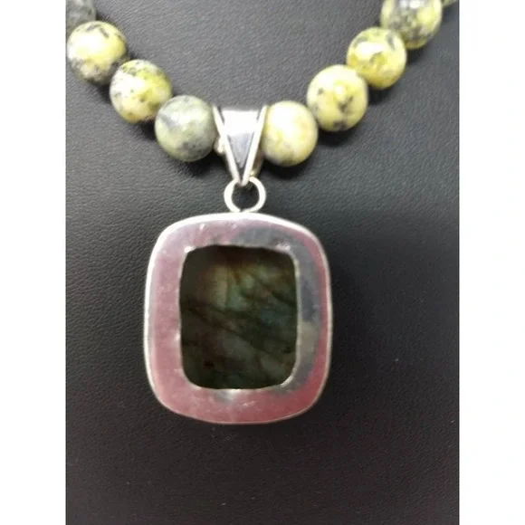Shades of Green Serpentine Necklace and Earrings Focal Sterling Silver Pendant